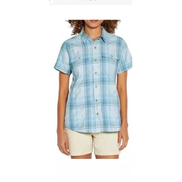 Eddie Bauer Adventure Shirt Women XL Short Sleeve Blue White Plaid New Pockets - Picture 8 of 9